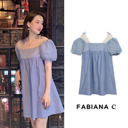 fabianac店-可可，同款设计师蓝风铃露肩，泡泡袖连衣裙新