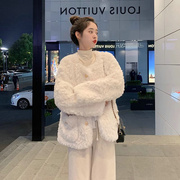 韩国羊羔绒大衣女冬季软糯毛绒短款开衫上衣仿獭兔毛皮草外套