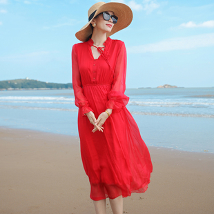 夏季红色长袖复古真丝连衣裙，高腰收腰显瘦v领气质连衣裙女中长款