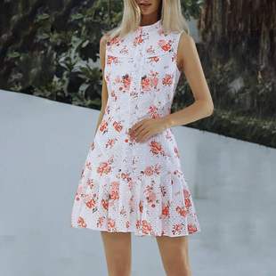 法式气质短裙高级设计感印花无袖，收腰显瘦休闲连衣裙女款植物花卉