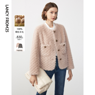 朗姿纯羊毛圆领法式小香风高级感仿皮草外套冬季女士气质上衣