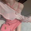 纯欲风粉色甜辣套装裙春季长袖T恤罩衫花朵仙美吊带连衣裙女