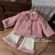 女童加厚套装2023韩版童装女宝宝冬季毛毛外套裤子两件套