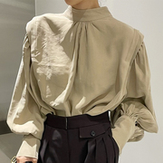 韩国chic秋季小众复古立领后背单排扣宽松纯色，灯笼袖衬衫上衣女