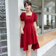 法式方领泡泡袖红色连衣裙女夏季小个子收腰显瘦不规则气质小黑裙