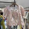 韩版甜美风2024女装夏季小清新碎花，泡泡袖方领衬衫粉色娃娃衫