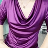 高端短袖堆堆领修身t恤衫女23夏时尚(夏时尚)修身显瘦紫色上衣打底衫