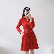 v领连衣裙春夏韩版修身中长款时尚长袖，气质红色衬衫裙子女连