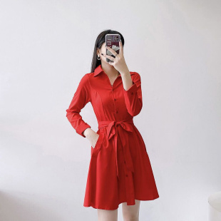 V领连衣裙春夏韩版修身中长款时尚长袖气质红色衬衫裙子女连