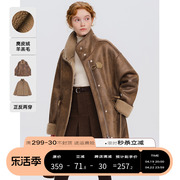 designerplus复古美拉德麂皮绒羊羔，毛外套(毛外套，)女双面收腰机车服大衣