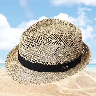 春夏季大码草编帽定型礼帽男手工编织镂空透气遮阳帽户外沙滩帽女