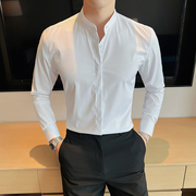 立领白衬衫男长袖秋季职业正装中式无领商务圆领工装休闲打底衬衣