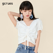 gcrues短款白色衬衫少女设计感抽褶，上衣夏短袖(夏短袖，)v领小衫泡泡袖