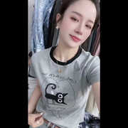 韩系猫咪印花t恤2024春爱心，字母小衫灰色打底衫，短袖拼色显瘦上衣