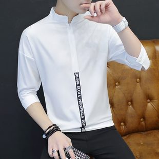 春夏季薄款中袖T恤男士修身白色拉链打底衫韩版七分袖立领短袖潮