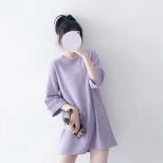 温柔紫简单圆领中长款宽松七分袖，t恤女下装，消失加厚打底衫上衣