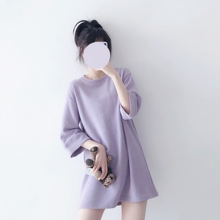 温柔紫简单圆领中长款宽松七分袖t恤女下装消失加厚打底衫上衣