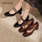 达芙妮玛丽珍女鞋，2024法式温柔单鞋仙女风，复古粗跟黑色高跟鞋