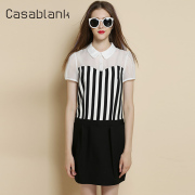 卡莎布兰卡夏季设计感气质条纹拼接修身小方领短袖衬衫连衣裙