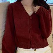 法式复古小外套酒红色开衫，v领短款毛衣设计感上衣女2023秋季