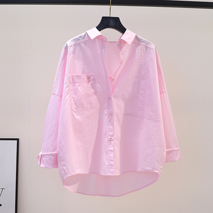 拼接设计棉衬衫女粉红色宽松长袖休闲衬衣2023春文艺范开衫防晒衫