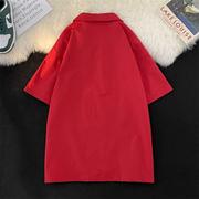 高级小众设计感不规则短袖衬衫男女复古夏季宽松休闲红色垂感衬衣
