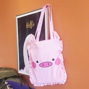 韩国可爱猪猪单肩包萝莉蕾丝，花边手提包学生粉嫩少女心帆布包