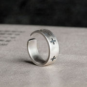 木子 s925纯银 十字戒指环 复古个性做旧朋克手饰品 开口戒指