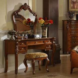 美式实木梳妆台复古化妆桌卧室书桌收纳柜一体欧式小户型雕花家具