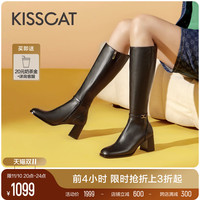 接吻猫2023秋季气质高筒靴时尚，精致长筒靴真皮高跟时装靴女