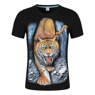 男士3D图案棉短袖T恤宽松大码动物猛虎潮摇滚金属潮个性男装半袖
