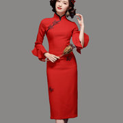 名媛优雅立领荷叶袖长款喜气红色改良旗袍连衣裙修身显瘦一步裙