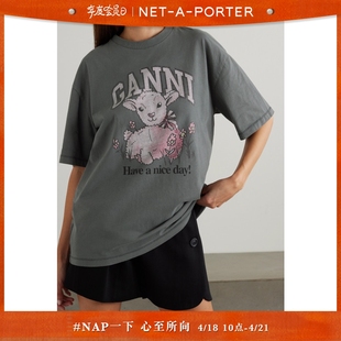 GANNI 早春女印花棉质平纹布灰色T恤NAP/NET-A-PORTER颇特