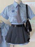 蓝色条纹短袖衬衫套装女夏季学院风高腰显瘦假俩件百褶裙裤一整套