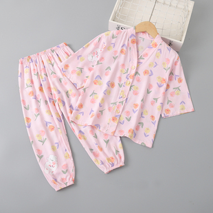 夏季儿童棉绸睡衣七分袖薄款宝宝，女孩绵绸套装，男童女童空调家居服
