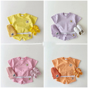 韩版ins夏装婴儿宝宝糖果，色清爽短袖，套装男女童卫衣短裤两件套薄