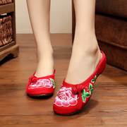 夏季中国风红牡丹凉鞋，拖鞋女坡跟居家亚麻民族，风老北京布鞋绣花鞋