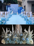 婚庆绢花蓝色系路引点，花地排花婚礼背景墙，布置花排婚礼场景装饰花