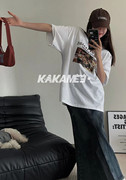  KAKAMEE韩版白色复古印花宽松短袖T恤//A522