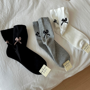 灰色蝴蝶结袜子女芭蕾风中筒袜纯棉后跟长筒薄款春秋款春夏堆堆袜