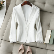 精致有细节~清爽通勤丽人，袖口蕾丝拼接修身篙级白色西装外套春夏
