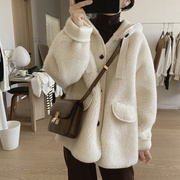 韩国加厚羊羔毛连帽外套女冬宽松小清新大码设计感小众麂皮绒大衣