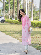 印度进口民族风女装中长款乔其纱手工刺绣薄款上衣日常服 粉色