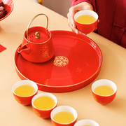 结婚茶具陶瓷红色双喜敬茶杯，婚庆泡茶壶婚庆中式新人改口茶盘整套