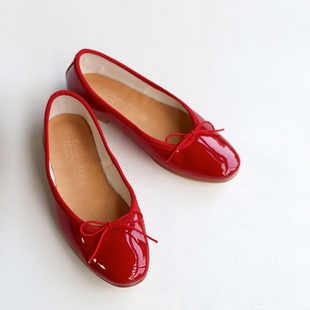 花边女经典法式大红色漆皮，平底芭蕾舞鞋真皮圆头浅口女单鞋