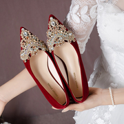 红色结婚鞋女平底2024年低跟秀禾服新娘鞋婚纱两穿孕妇不累脚