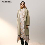 商场同款jnina连帽羊毛大衣女，中长款直筒宽松版型冬