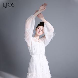 LJOS希腊仙女风珠光纱两件套连衣裙春日温柔风白色氛围感长裙