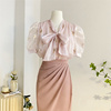 法式气质粉色刺绣系带蝴蝶结衬衫女夏短袖，设计感泡泡袖人鱼姬上衣