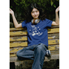 珍妮圆领短袖t恤女夏季2024学生，设计感修身蓝色印花上衣ins